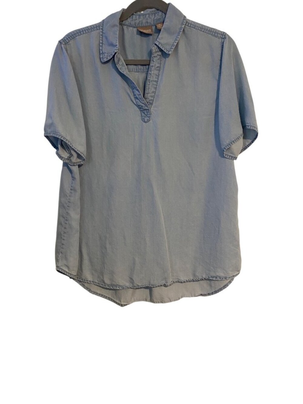 Chico's 2 Women's L Light Blue Top Chambray Short Sleeve Collared Casual Comfy